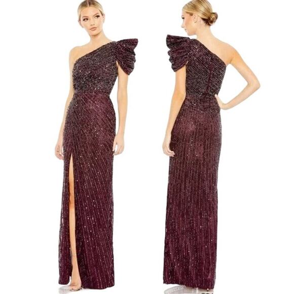 Mac Duggal Embellished Puff One Shoulder Gown Blackberry Size 10 NWT - Picture 1 of 12